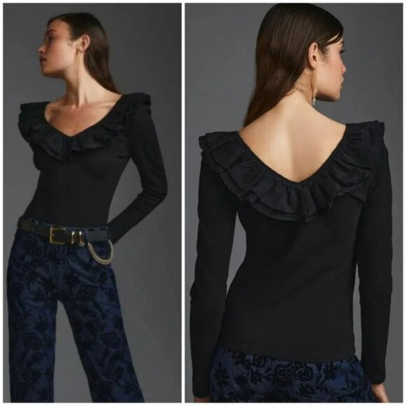 Anthropologie, New, Dolan Black Ruffled V-Neck Mixed Media Top, Size XL - Picture 1 of 12